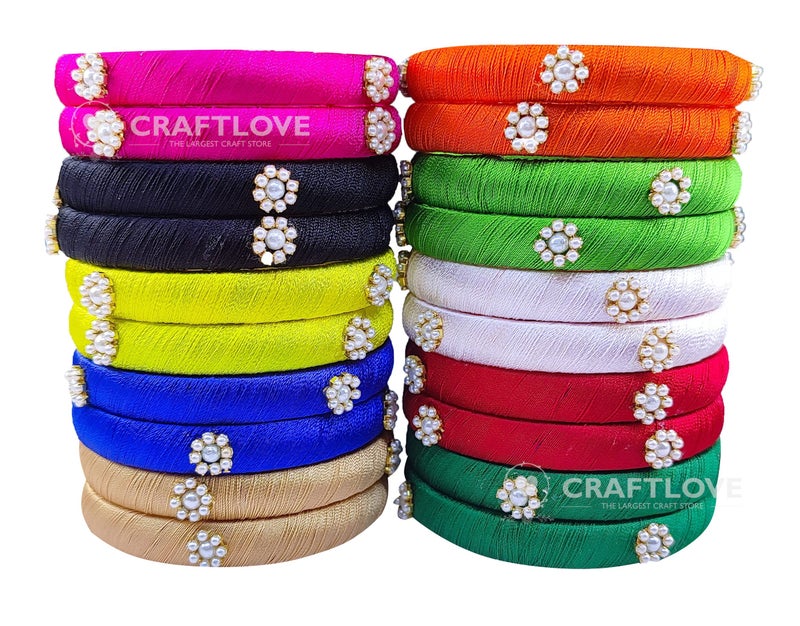 GOELX Silk Thread Bangles Set Multicolor Pearl Embellished 20 kada Bangles Set (Multicolor, 2.4) - Image 3